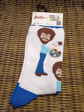 Cool Socks Men's White & Blue Crew Socks with Bob Ross